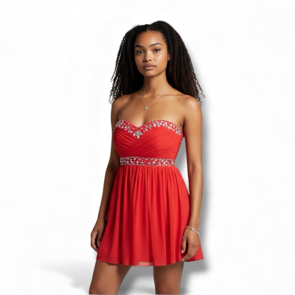 B. Darlin Juniors Strapless Beaded Mini Cocktail Dress, Coral, size 9/10
